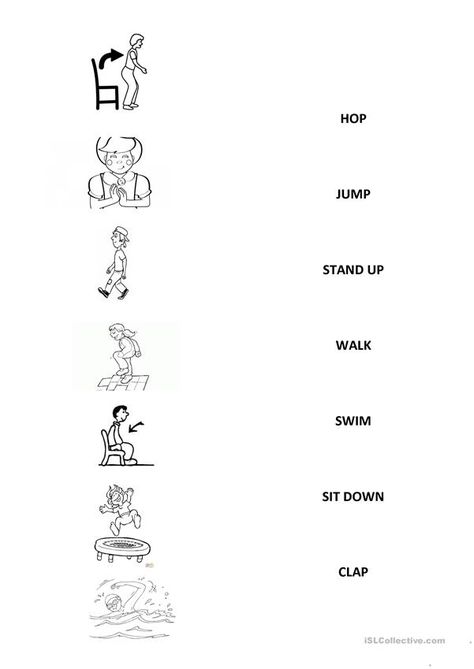 ACTIONS jump clap hop swim walk sit down stand up... - English ESL Worksheets for distance learning and physical classrooms Up Down Worksheet Preschool, English Language Learning Activities, Teaching Verbs, Word Formation, Basic Chinese, Esl Activities, Action Verbs, English Activities, Teaching Jobs