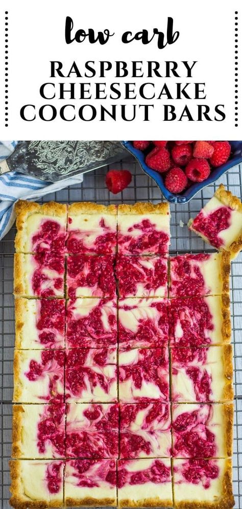 Low Carb Raspberry Cheesecake Coconut Bars ~ Easy Bake  Keto Keto Raspberry Cheesecake, Cheesecake Coconut, Keto Raspberry, Raspberry Cheesecake Bars, Medicine Tips, Postre Keto, Boiled Egg Diet Plan, Coconut Bars, Low Carb Sweeteners