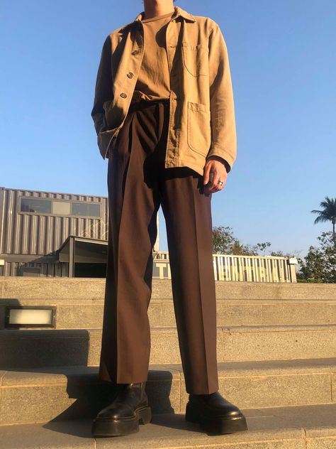 [WDYWT] earth tone #streetwear #fashion #apparel #cloth #clothe #clothing Men Fashion Earth Tone, Modern Vintage Mens Fashion, Earth Tone Fits Men, Layered Clothing Men, Earth Tone Fashion Men, Earth Tone Male Outfit, Earth Tone Streetwear Men, Sophisticated Outfits Men, Earth Tones Mens Fashion