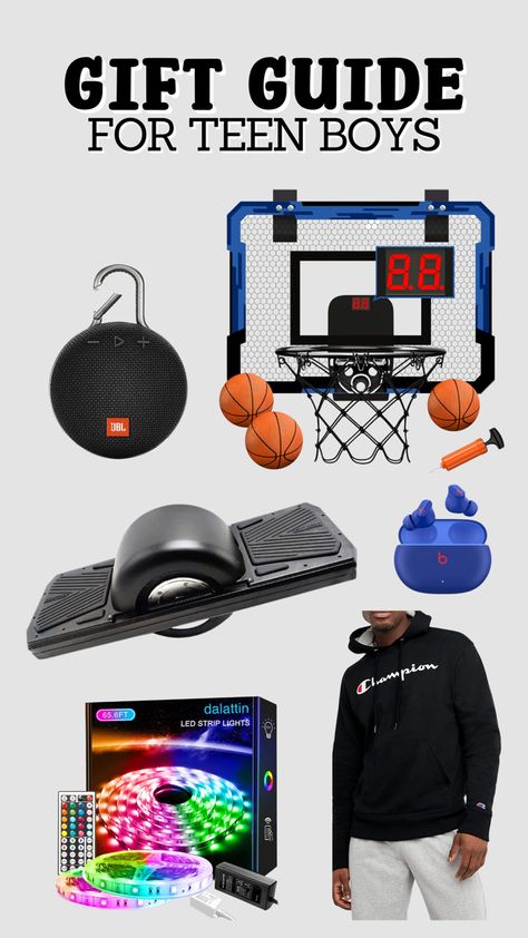 Gift ideas for tech-savvy teen boys, including indoor basketball hoops, high-quality speakers, LED lights, Champion hoodies, electric skateboards, and Beats earbuds. Teen Gifts Boys, Gifts For 15 Year Boy, Gifts For 12 Year Boy, Christmas Gift Ideas For Teenage Boys, Gifts For 13 Year Boy, Gifts For 11 Year Boy, Teen Boy Christmas Gift Ideas, Gifts For 10 Year Boy, Teen Boy Gift Ideas