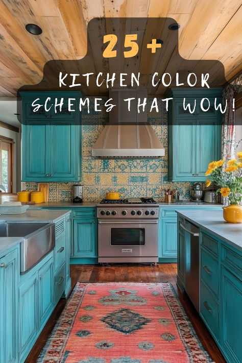 Ready to refresh your kitchen? 🎨🍴 Click to explore 25 kitchen color schemes that will transform your cooking space into a style haven. #KitchenColors #RefreshYourSpace #StyleHaven #CookingInStyle #InteriorDesign Boho Kitchen Colors Schemes, Kitchen Paint Color Schemes, Colourful Kitchen Cabinets, Turquoise Backsplash Kitchen, Southwest Kitchen Ideas, Turquoise Kitchen Ideas, Teal Kitchen Ideas, Teal Kitchen Walls, Turquoise Kitchen Cabinets