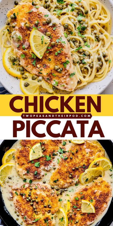 Looking for the best chicken dinner recipe? This classic Chicken Piccata is a crispy pan-fried chicken with a flavorful lemon butter caper sauce. Add this chicken recipe to your family's weeknight dinner ideas! Chicken Piccata With Lemon Caper Sauce, Chicken Piccata With Spaghetti, Lemon Chicken Piccata Crockpot, Caper Chicken Recipe, Chicken Pacata And Pasta, Chicken Piccata With Pasta, Chicken Capers Recipe, Lemon Caper Chicken Pasta, Best Chicken Piccata Recipe