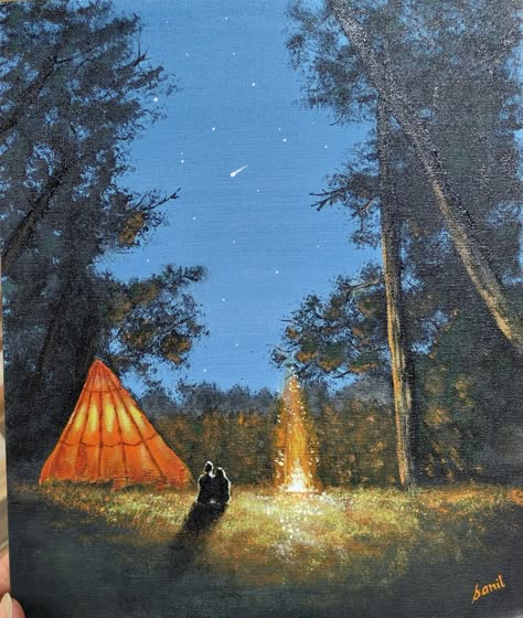 Camping Scene Painting, Space Reference, Camping Inspo, Union Art, Holiday Paintings, Easy Paintings For Beginners, Art Competition Ideas, Night Camping, Tiny Canvas