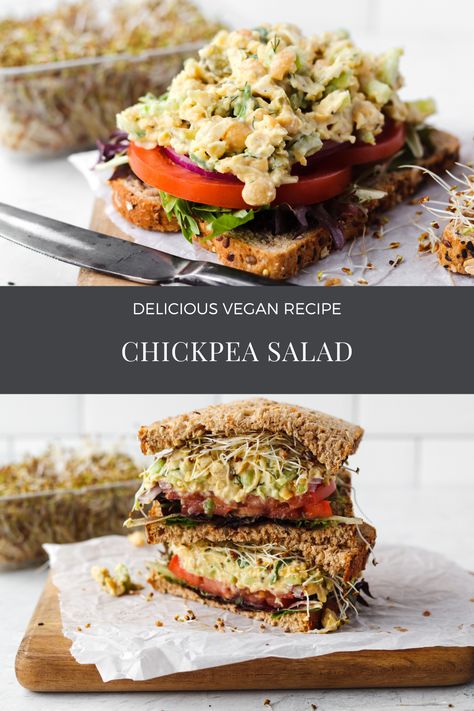 Vegan Chickpea Salad Vegan Chickpea Salad, Protein Vegan Recipes, Revenge Body, Gluten Free Salads, Vegan Chickpea, High Protein Vegan Recipes, Mustard Green, Dill Pickles, Vegan Crackers