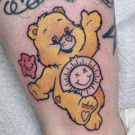 Sunshine Care Bear Tattoo, Funshine Bear Tattoo, Sunshine Bear Tattoo, Sunshine Tattoos, Care Bear Tattoo, Bears Tattoo, Care Bear Heart, Sunshine Bear, Care Bear Tattoos