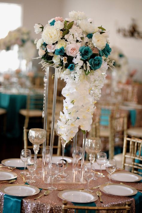 Teal and Rose Gold Rose Gold And Teal Wedding Theme, Teal And Rose Gold Wedding Color Schemes, Rose Gold And Turquoise Wedding Theme, Teal And Gold Wedding Theme, Teal And Rose Gold Wedding, Teal Wedding Decorations, Teal And Gold Wedding, Teal Gold Wedding, Teal Centerpieces