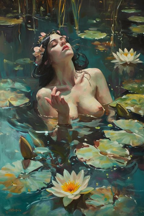 This content features a downloadable image of a beautiful water nymph, reminiscent of the style of Frank Frazetta and Norman Lindsay. The image shows the nymph half submerged in a lily pond, with a full figure. The dimensions of the image are 896x1344, and the model used is Midjourney. Fat Positive Art, Fat Positive, Piskel Art, Plus Size Art, Fat Art, Spa Bathroom, Bel Art, Water Nymphs, Positive Art