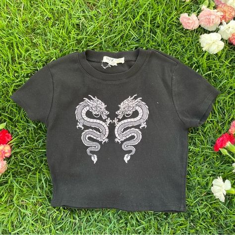 Black Crop Top with Dragon Design Dragon Crop Top, Crop Top Tees, Black Crop Top, Dragon Design, Black Crop, Black Crop Tops, Baby Tee, My Profile, Infant Tees