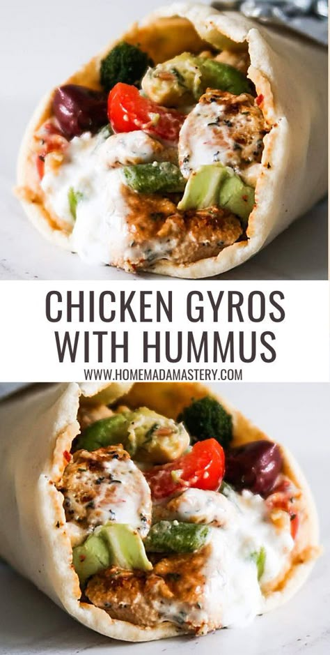 Chicken Hummus Wrap Recipes, Hummus Pita Wrap, Dinner Recipes With Hummus, Healthy Dinner Wraps Recipes, Meditterean Wraps, Chicken Hummus Naan Wraps, Greek Wraps Recipes, Mediterranean Diet Wraps, Healthy Pita Pocket Recipes