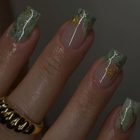 All Posts • Instagram Jade Nails Acrylic Short, Short Green Nails With Flowers, Short Green And Gold Nails, Short Jade Nails, Short Nail Inspo Green, Sage Nails Short, Green Gold Nails Ideas, Jade Acrylic Nails, Jade Nails With Gold