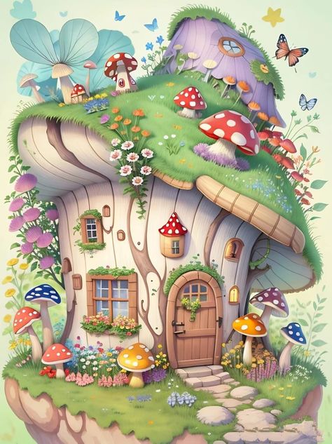 Mushroom Home Drawing, Mushroom House Illustration, Cartoon Mushroom, Whimsical Art Paintings, Desain Buklet, Wall Decor Crafts, Hur Man Målar, Mushroom House, House Illustration