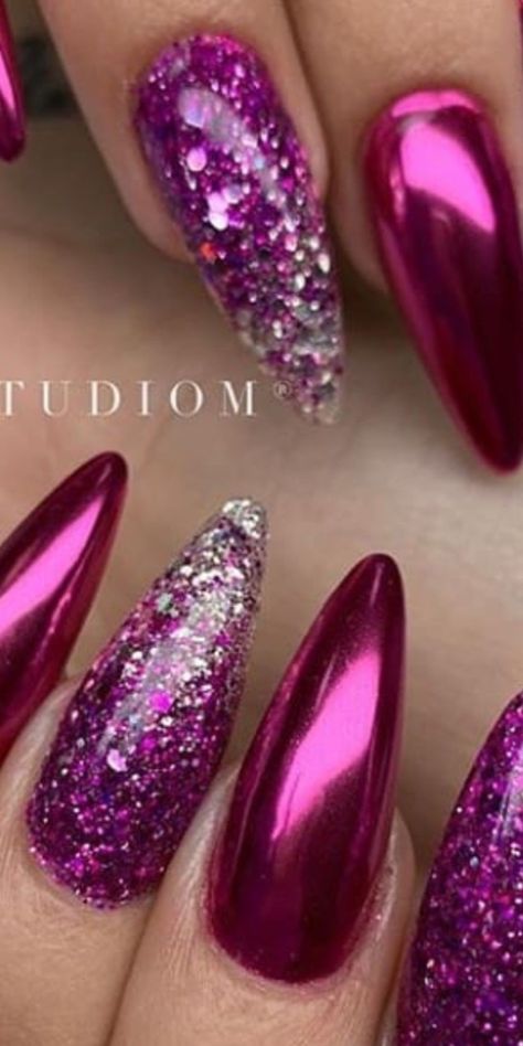 Magenta Metallic Nails, Magenta Glitter Nails, Nail Designs Magenta, Magenta Chrome Nails, Magenta Pink Nails, Magenta Nails Design, Magenta Nail Art, Chrome And Glitter Nails, Pink Glitter Nail Art