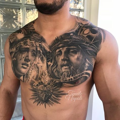 Jesus Chest Tattoo, Religious Tattoo Sleeves, Chest Tattoos For Men, Mother Mary Tattoos, Jesus Christ Tattoo, Jesus Tattoo Design, Full Chest Tattoos, Heaven Tattoos, Mary Tattoo