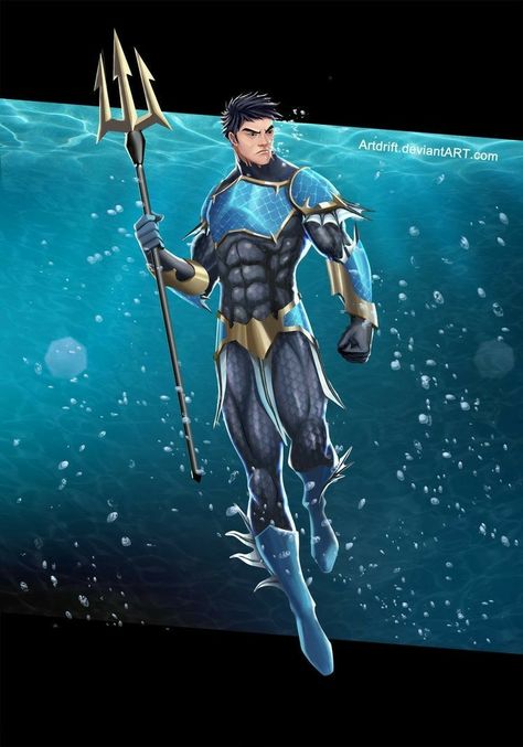 This looks like Percy... Dc Atlantean Oc, Poseidon Concept Art, Ocean Character Design Male, Poseidon Character Design, Water Superhero, League Of Heroes, Superhero Villains, Superhero Characters, Superhero Design