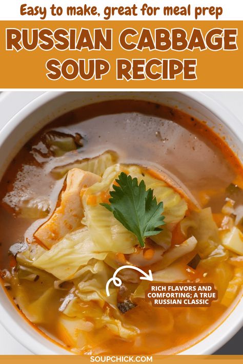 Sweet Russian Cabbage Soup with Tender Cabbage and Tomato Russian Vegetable Soup, Russian Soup Recipes, Sourkrout Recipes, Russian Cabbage Soup Recipe, Cabbage Soup Slow Cooker, Russian Cabbage Soup, Cabbage Soup Recipe, Egg Substitute, Cabbage Roll Soup