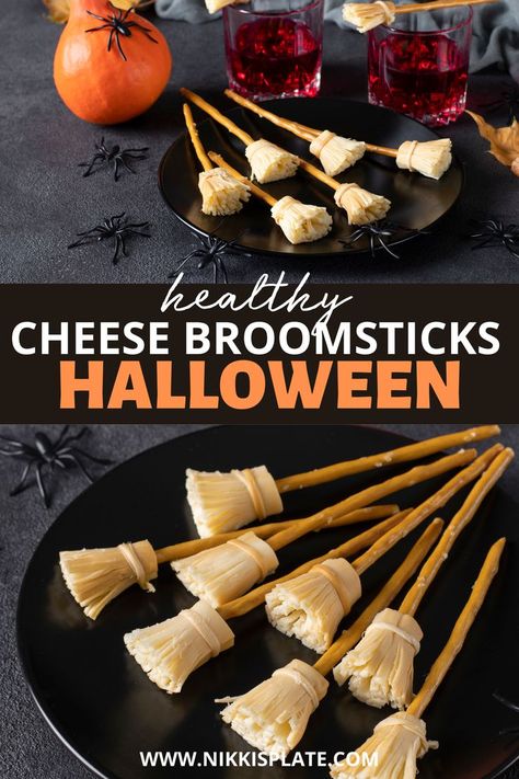 Healthy Cheese Broomsticks for Halloween;  simple kid friendly snack for Halloween using string cheese and pretzels. Cheese Stick Broomsticks, Halloween Pretzel Broomsticks, Cheese Pretzel Broomsticks, Halloween Cheese Broomsticks, Pretzel And Cheese Broomsticks, Cheese Broomsticks Halloween Snacks, String Cheese Broomsticks, Halloween String Cheese Ideas, Cheese And Pretzel Broomsticks