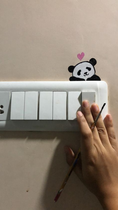 Panda 🐼.... Panda On Switchboard, Panda Painting On Wall, Panda Sketch Pencil Art, Panda Drawing Pencil, Panda Wall Painting, Panda Pencil Drawing, Switchboard Painting Ideas, Cute Wall Painting, Switchboard Painting