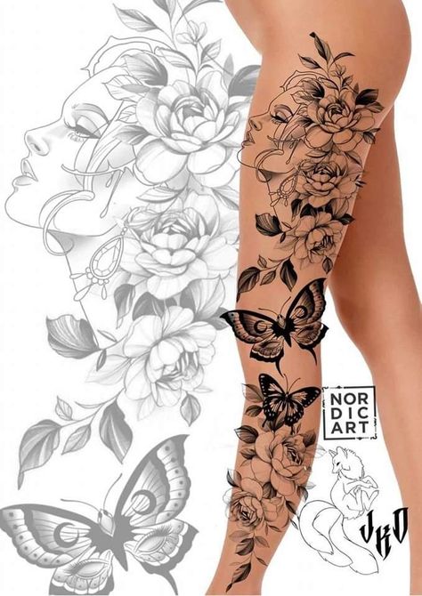 Patchwork Tattoo Ideas Leg, Leg Sleeves For Females Tattoo, Mara Tattoo, Back Tattoo Women Full, Tattoo Perna, Meaning Tattoos, Flash Tattoos, Leg Tattoos Women, Pretty Tattoos For Women