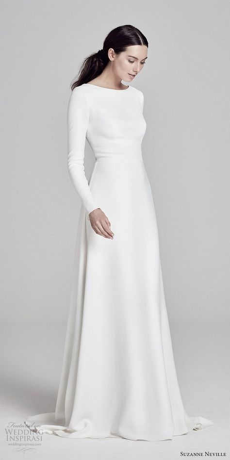 suzanne neville bridal 2019 long sleees jewel neck minimal a line wedding dress (adair) chic modern keyhole back sweep train mv -- Suzanne Neville 2019 Wedding Dresses | Wedding Inspirasi  #wedding #weddings #bridal #weddingdress #weddingdresses #bride #fashion #label:SuzanneNeville #uk #week:342018 #year:2019 ~ Wedding Dress Winter, Sukienki Maksi, Long Sleeve Bridal Dresses, Suzanne Neville, Floor Length Wedding Dress, Fitted Wedding Dress, Modest Wedding, Long White Dress, Satin Wedding Dress