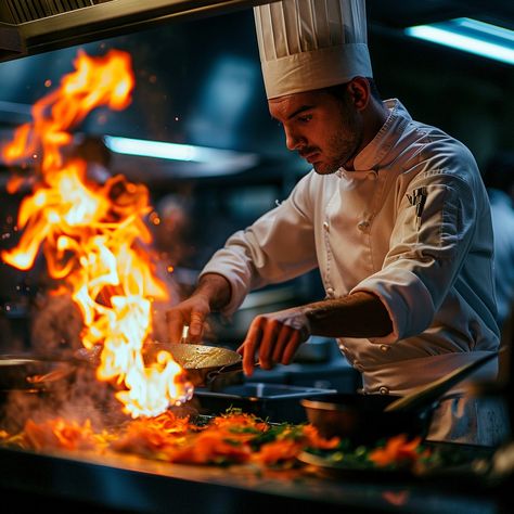 "Chef's Fiery Performance: A skilled #chef masterfully controls a dramatic flare of #flames while #cooking a delicious meal. #gourmet #culinary #kitchenart #foodphotography #cookingpassion #artonfire #culinaryart ⬇️ Download and 📝 Prompt 👉 https://stockcake.com/i/chefs-fiery-performance_146858_19052". Chef Images, Photoshoot Lifestyle, Culinary Cooking, Cooking Photos, Cat Dark, Chef Work, Chef Cooking, Fire Art, Personal Chef