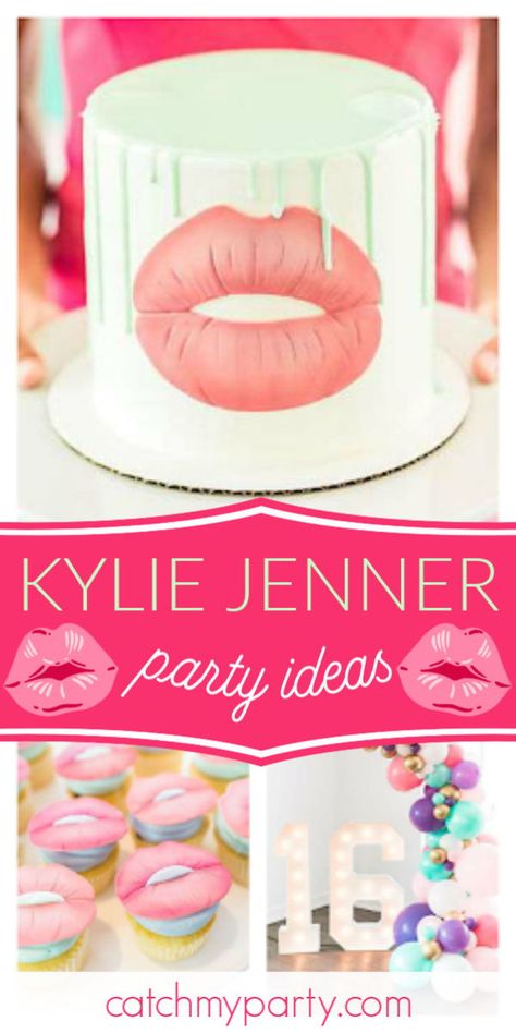 Feast your eyes on this fabulous Kylie Jenner-inspired birthday party! The cake, cookies, and cupcakes decorated with lips are soo cool! See more party ideas and share yours at CatchMyParty.com#catchmyparty #partyideas #KylieJenner  #kardashian #girlbirthdayparty Kylie Jenner Birthday Party, Kylie Jenner Party, Teen Party Themes, Australian Party, Kylie Jenner Birthday, Kylie Jenner Lip, Cotton Candy Flavoring, Eat Cupcakes, Cookie Dough Ice Cream