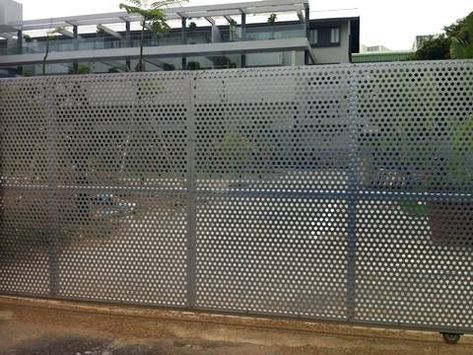 Perforated Metal for Gate and Door Perforated Metal Fence Design, Perforated Metal Gate Design, Perforated Metal Gate, Perforated Metal Fence, Perforated Fence, House Gates, Metal Garden Screens, Metal Gates Design, Trellis Fence