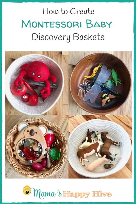 How to Create Montessori Baby Discovery Baskets and Free Printable Montessori Activities Baby, Sensory Basket, Treasure Basket, Baskets Ideas, Baby Montessori, Baby Play Activities, Montessori Toddler Activities, Learning Games For Kids, Montessori Ideas