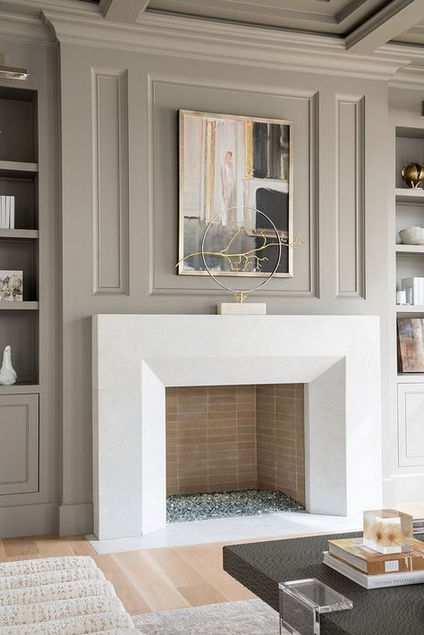 grey paint color is Galveston Gray from Benjamin Moore . ￼ Benjamin Moore Gray, Home Bunch, Fireplace Built Ins, Fireplace Mirror, Fireplace Remodel, Home Fireplace, Fireplace Makeover, Modern Fireplace, Boho Interior