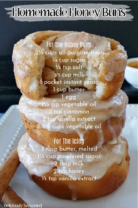 A photo of 3 homemade honey buns stacked up on top of each other on a white plate with the ingredients added to the photo.