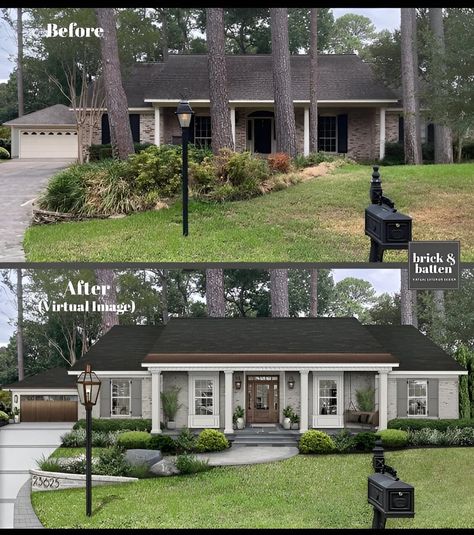 Cottage Style Ranch Homes, Ranch Homes Interior, Ranch Exterior Remodel, Ranch House Remodel, Terrasse Design, Front Porch Makeover, Painted Brick House, Ranch House Exterior, Exterior House Remodel