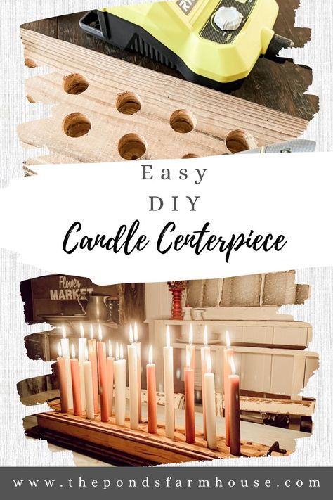 This Easy DIY Candle Centerpiece is so simple to make using reclaimed wood. I've included detailed instructions using reclaimed wood. Farmhouse style centerpiece, simple craft project, wedding centerpiece idea, table centerpiece. #diycenterpiece #diycandleholder #candleholder Diy Wooden Candle Stand, Diy Wood Candle Holder Centerpieces, Wood Taper Candle Holders Diy, Wood Block Candle Holder Diy, 2x4 Candle Holder, 4x4 Candle Holders Diy, Diy Candelabra Centerpiece, Diy Candle Stands, Diy Tealight Candle Holders