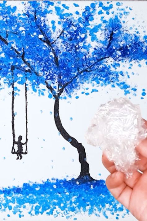 Cotton Swab Painting, Easy To Paint, Tree Painting Canvas, Cotton Swabs, Painting Blue, Blue Tree, Tree Canvas, Cotton Swab, Easy Paintings