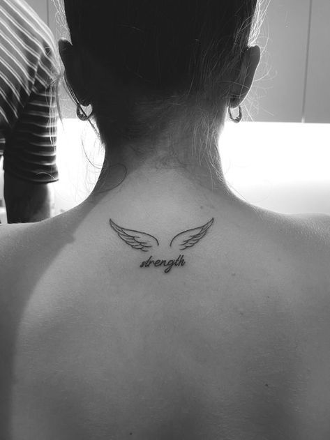 Wing On Neck Tattoo, Halo With Angel Wings Tattoo, Men’s Wings Tattoo, Back Tattoo Women Angel Wings, Angel Back Of Neck Tattoo, Angel Wing Spine Tattoo, Angel Wings On Back Of Neck, Halo Wings Tattoo, Angel Wings Back Of Neck Tattoo