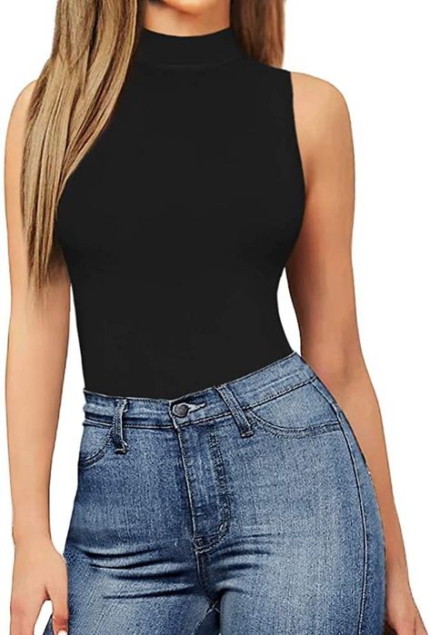 Summer styles in less than $20 Sleeveless Top Outfit, Turtle Neck Sleeveless, Turtleneck Tank Top, Mock Neck Tank Top, Tank Top Bodysuit, Mock Turtle Neck, Bodysuit Tops, Mock Neck Tank, Womens Sleeveless Tops