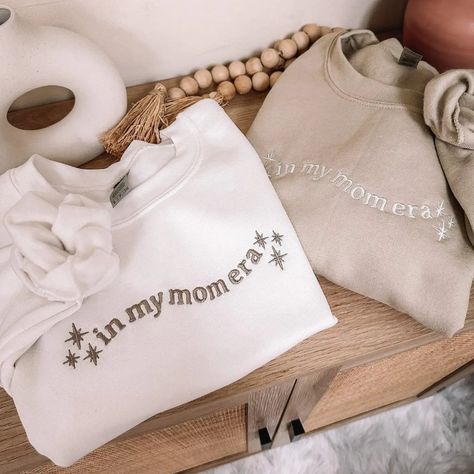 50/50 Cotton & Polyester "In My Mom Era" Embroidered On Center Front Of Crewneck. In My Mom Era, Boy Outerwear, Mom Era, Trendy Mom, Delicate Embroidery, Baby Bottoms, Baby Bundles, Embroidered Crewneck, Boys Bottoms