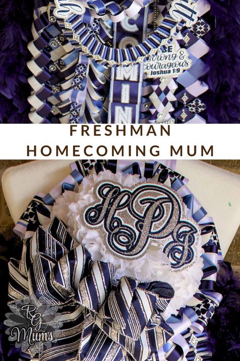 The combination of dark navy and light columbia blue always make for a stunning mum. We love the large triple layer monogram and striped glitter bow on this single freshman homecoming mum. This mum featured braids galore including a love braid, harlequin braid, single and double bubblegum braids, victory braid and more. Orders open Feb 1st of each year. Serving the DFW area. #texasmom #texasmade Hoco Ideas, Homecoming Pictures, Freshman Homecoming, Mums Homecoming, Homecoming Mums, Glitter Bow, Columbia Blue, Single Flower, School Colors