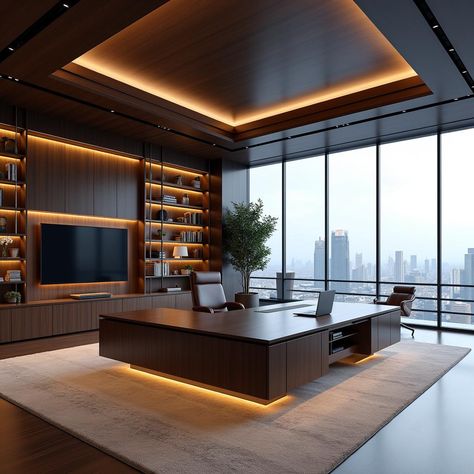 Explore a magnificent executive office with a 270-degree view that blends power and luxury. Dark wood, sleek metal, and natural light create a sophisticated environment with multifunctional zones for productivity and relaxation.#ModernOffice, #LuxuryOffice, #MasculineInteriors, #ExecutiveWorkspace, #OfficeDesign, #WorkplaceLuxury, #MasculineAesthetic, #HighEndInteriors Masculine Office Ideas, Executive Office Design, Masculine Office, Moody Lighting, Luxury Office, Office Designs, Executive Office, Metal Accents, Modern Office