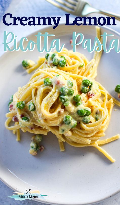 Creamy Lemon Pea Pasta, Bacon Ricotta Pasta, Peas And Ricotta Pasta, Lemon Ricotta Pasta Recipes, Lemon Pasta With Peas, Pasta With Peas And Ricotta, Lemon Ricotta Pasta With Peas, Lemon Herb Ricotta Pasta, Lemon And Pea Pasta