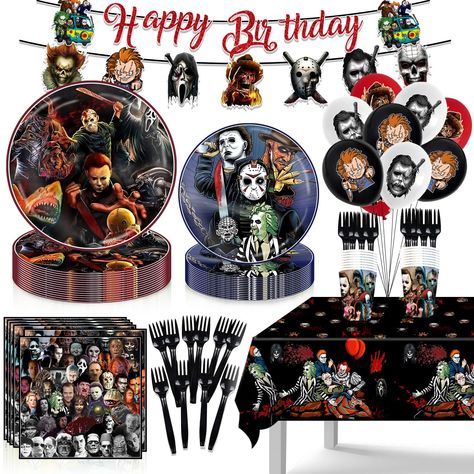 PRICES MAY VARY. Unique Design: Our Halloween party supplies set is design inspired by classic horror characters, Patterns element Combined with Multiple horror killers characters. This Halloween party tableware is specially designed for Fans of horror themes.If you and your family or friends are big fans of horror theme, then this horror birthday decorations are perfect for you, dress up as characters from the film and enjoy this unique party. Package Includes: There are a total of 114pcs horro Scary Movie Birthday Party Ideas, Horror Movie Sleepover Party, Horror Movie Themed Sweet 16, Classic Horror Movie Birthday Party, Horror Movie Birthday, Horror Themed Birthday Party Invitations, Horror Themed Birthday Party, Halloween Birthday Decorations, Horror Themed Party