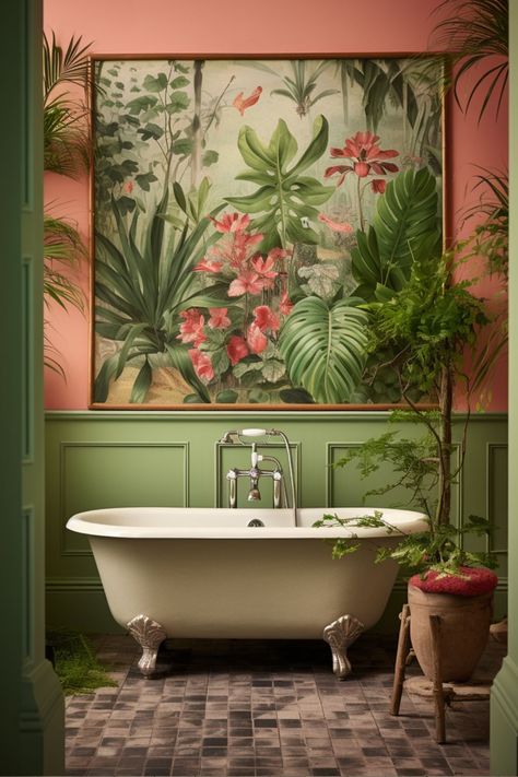 Green And Pink Bathroom, Botanical Bedroom, Mermaid Bathroom, Bathroom Inspiration Decor, Pink Bathroom, Green Interiors, Green Bathroom, Green Rooms, Green Decor