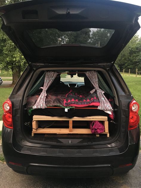 Nicole Goes Exploring Car bed we built in the back of my SUV (Equinox) for our road trip across the US.   #travel #roadtrip #conversion #carbed Suv Camping Build, Suv Dog Set Up, Chevy Equinox Camping, Chevy Equinox Car Camping, Honda Fit Camping, Equinox Car, Traveling With Cats In Car Road Trips, Nissan Rogue Car Camping, Subaru Outback Camping Bed