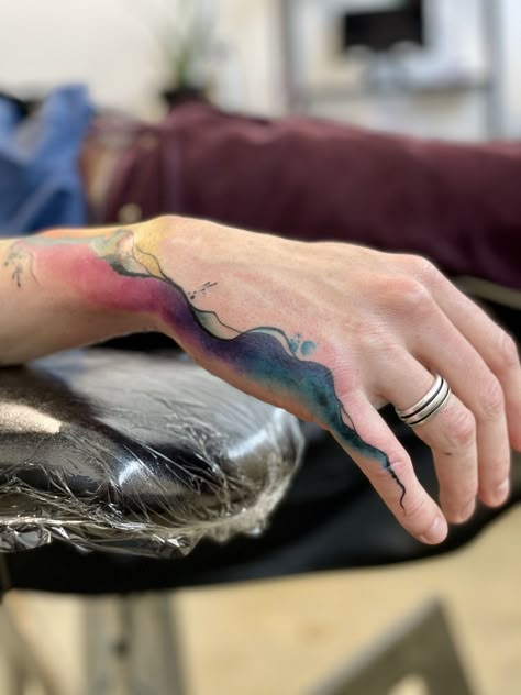 Watercolor Hand Tattoo, Paint Swipe Tattoo, Colorful Abstract Tattoo, Smokey Tattoo, Paint Tattoos, Indian Feather Tattoos, Watercolour Tattoos, Ethereal Nature, Sunflower Tattoo Sleeve