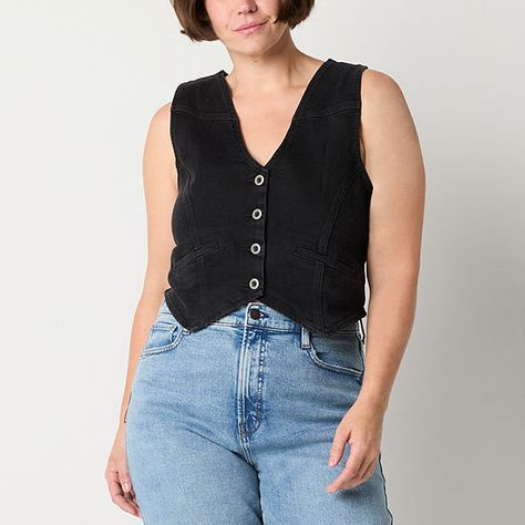 a.n.a Denim Womens Vest, Color: Black Stone - JCPenney Black Denim Vest Outfit, Denim Vest Outfit, Black Denim Vest, Womens Denim Vest, Womens Black Vest, Woman Vest, Vest Outfit, Recycled Denim, Black Stone