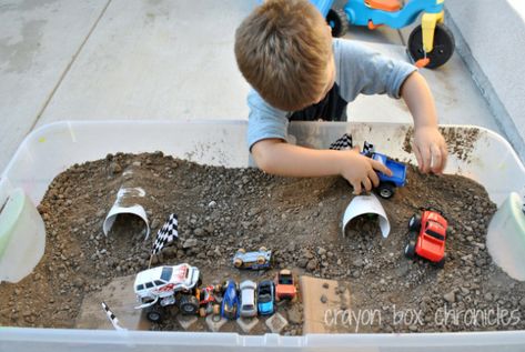 Monster Truck Sensory Bin from Crayon Box Chronicles Truck Birthday Party Activities, Mud Play, Monster Jam Party, Monster Truck Birthday Party, Sensory Tub, Monster Trucks Birthday Party, Monster Truck Party, Truck Birthday Party, Truck Theme