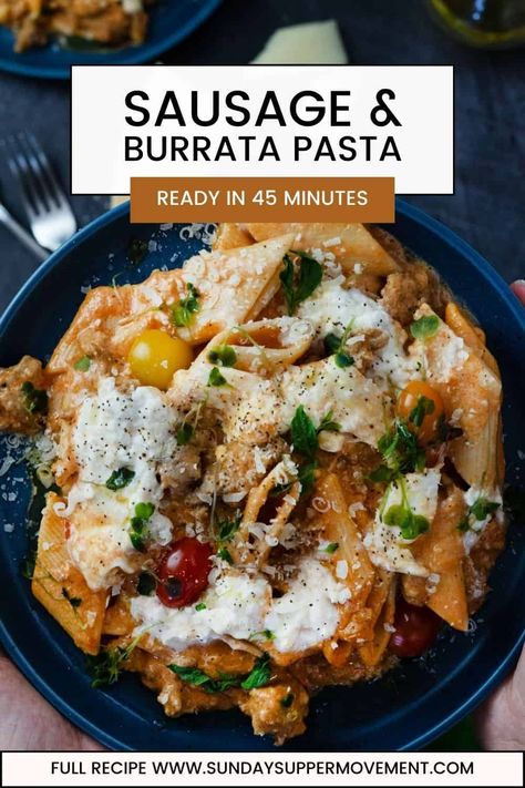 Burrata Pasta Italian Sausage And Burrata Pasta, Burrata Cheese Recipe Dinners, Sausage And Broccoli Burrata Pasta, Pasta Recipes Burrata, Creamy Burrata Pasta, Burrata Cheese Pasta, Pasta Recipes With Burrata Cheese, Burrata Dinner Recipes, Buratta Pasta Recipes