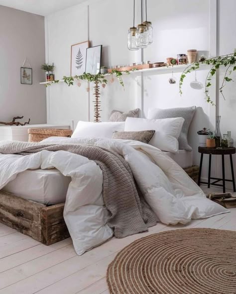 Neutral Cozy Bedroom Inspiration Fluffy Cloud Down Comforter Bed Wood Frame Platform Bed Down Comforter Bedding, Simple Bedroom Decor, Fine Bedding, Perfect Bedding, Dekorasi Kamar Tidur, Simple Bedroom, Decor Minimalist, Room Inspiration Bedroom, Room Ideas Bedroom