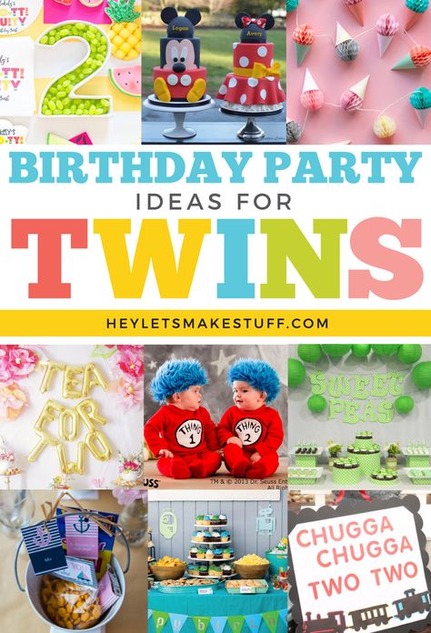 Throwing a birthday party for twins is double the fun! Here are a bunch of twin birthday party themes that are perfect for a pair. Twin 1st Bday Ideas, Twin Theme Party Ideas, Double Trouble Party Theme, One And Two Year Old Birthday Party, 3 Year Twin Birthday, Fraternal Twin Birthday Party, Mixed Birthday Party Themes, Two Year Old Twin Birthday Party Theme, First Twin Birthday