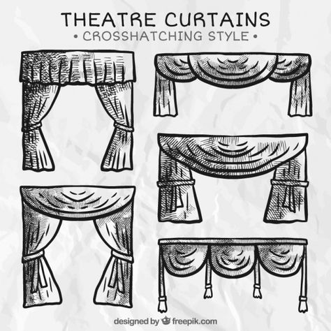 Theater curtains in cross hatching style... | Premium Vector #Freepik #vector #hand Theatre Drawing, Theater Curtains, Halloween Promotion, Old Theater, Chill Space, 2020 Drawing, Curtains Vector, Curtain Drawing, Theatre Curtains