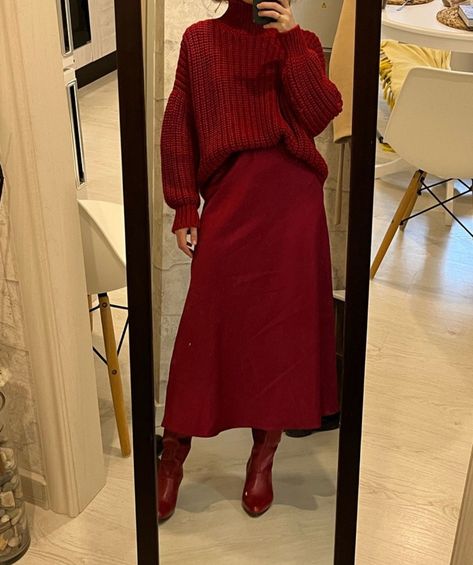 red skirt, red boots, red outfit Red Velvet Skirt Outfit Winter, Red Dress Outfit Winter Christmas, Red Maxi Skirt Outfit Winter, Silk Red Skirt Outfit, Long Red Skirt Outfit Aesthetic, Red Silk Skirt Outfit Winter, Long Red Skirt Outfit Winter, Christmas Modest Outfits, Red Christmas Outfit Aesthetic