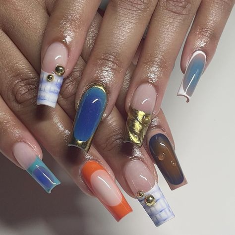 ig: nailsbymexyy Blue Nails French Tip, Blue Nails French, Acrylic Nails Fall, Press On Nails Blue, Nails French Tip, Emerald Nails, Nails Fall Nails, French Tip Press On Nails, Nails 3d